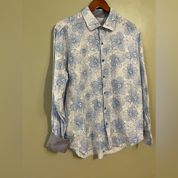 Robert Graham Men's Blue Floral Shirt Long Contrast Sleeve Linen Blend L - Picture 5 of 10